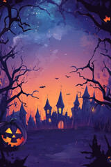 Halloween card or poster vertical party invitation card with copy space for custom text. Halloween poster or background with spooky elements, haunted house, pumpkins, bat in a cute cartoon style