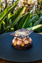 Elegant and chic dessert featuring rich chocolate biscuit base layered with smooth chocolate ganache and velvety cream. Dessert topped with scoop of ice cream, delicately balanced with thin chocolate 