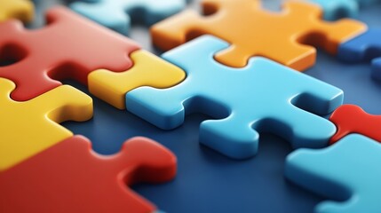 Fototapeta premium Colorful puzzle pieces interlock, representing teamwork, connection, and problem solving.