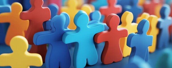 Colorful plastic figurines standing in a row.