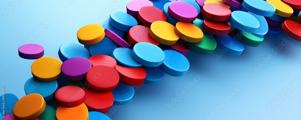 Aufkleber colorful round objects arranged in a wave pattern on blue background.