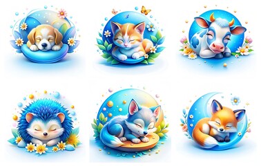 Cute Cartoon Sleeping Animals in Blue Pastel Background, Digital Art Illustrations