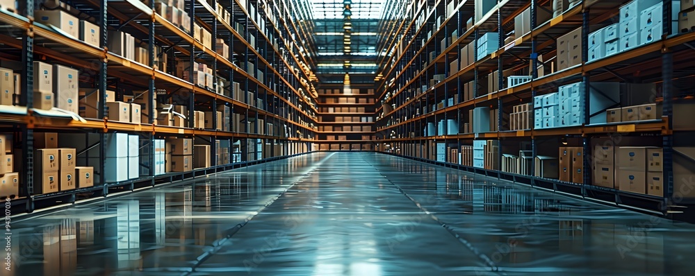 Poster organized distribution center with rows of shelves filled with products in high tech environment