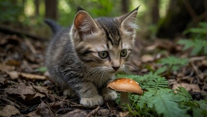 kitten in the woods smelling a mushroom in autumn