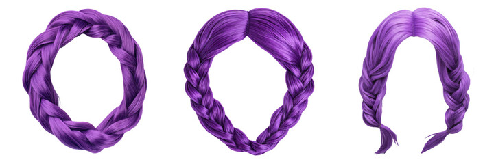 purple wigs featuring different braided styles, including a crown braid and twin braids, cut out transparent isolated PNG