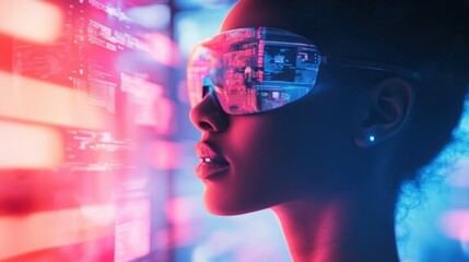 Woman with glasses browsing digital information