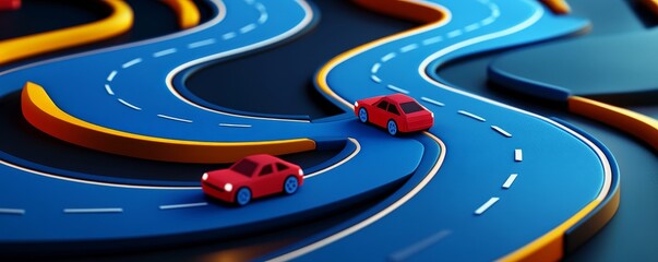 Two red toy cars on a winding blue track.