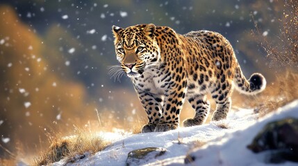 Fototapeta premium Amur Leopard on Snowy Hillside, Poised to Leap, Powerful Body Against Cold Wind, Showcasing Predator's Vigilance
