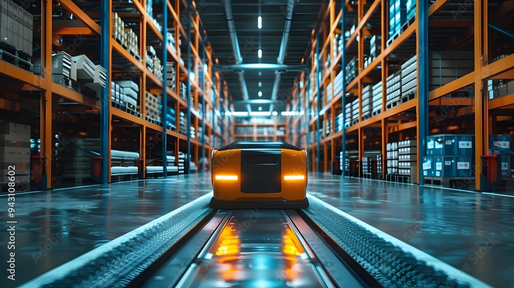 Poster modern robotic warehouse sorting system with bright lighting for efficient logistics