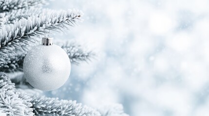 Elegant silver christmas ornament on snow-dusted pine branch in winter wonderland