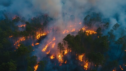 Aerial View of Forest Fire: Devastating Wildfire Spreads Through Dense Pine Tree Forest