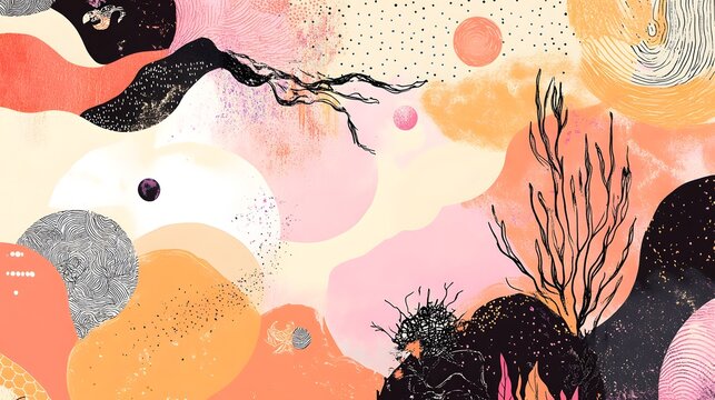 Maximalist design with hand-drawn doodles and custom patterns in trendy Peach Fuzz colors creating a rich storytelling visual