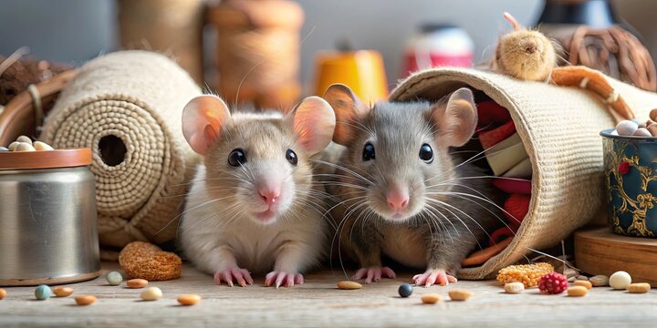 Curious mouse and rat sharing a cozy workspace surrounded by crumbs and sewing supplies