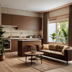 Fototapeta premium Modern Brown Living Room with Kitchen Counter and Couch