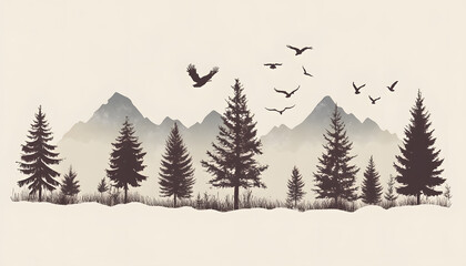 Fototapeta premium Silhouettes of trees, mountains, or birds in a single color against a plain background