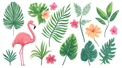 Tropical leaves, plants, and flamingo in a modern vector illustration. Includes tropic elements like palm leaves, monstera, and fern, perfect for logos, greeting cards, backgrounds, or labels.