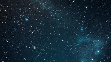 Seamless starry space pattern featuring sky stars in a night galaxy. Vector background depicting the universe with constellations, falling meteorites, comets, and twinkling star lights.