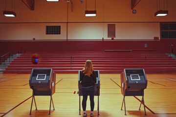 A Woman Voting in a High-Tech Election Setup Inside a Burgundy School Gymnasium