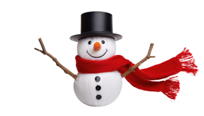 Cheerful Snowman, adorned with a classic black top hat, bright orange carrot nose, red scarf, and twig arms, embodies the joy of winter festivities.