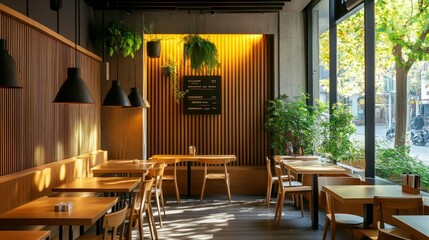 Fototapeta premium A restaurant with wooden tables and chairs