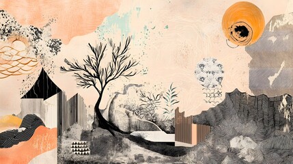Maximalist design with intricate hand-drawn doodles and custom patterns in soft Peach Fuzz tones creating a strong narrative
