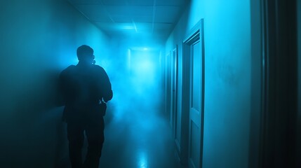 Paranormal Investigator with Thermal Camera Detects Cold Spots in Dark Hallway on National Ghost Hunting Day