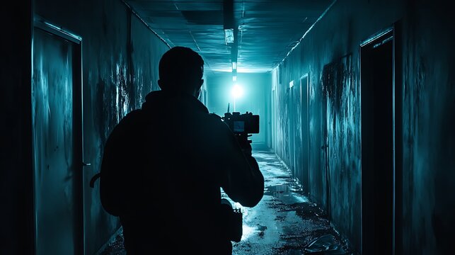 Paranormal Investigator with Thermal Camera Searching for Cold Spots on National Ghost Hunting Day