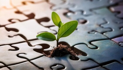 Small Plant Growing from Puzzle Pieces.