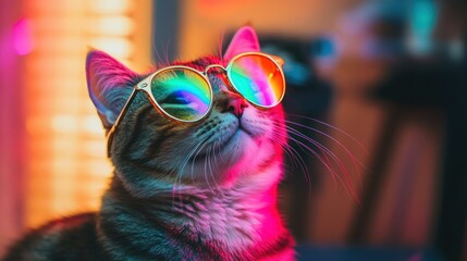 A cat wearing sunglasses and looking at the camera