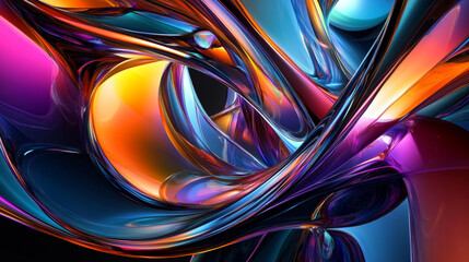 Dynamic, three-dimensional glass arcs with vivid color reflections form an entrancing abstract design against a dark backdrop.