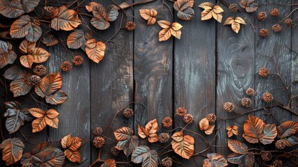 The central text area is framed by a border of dark green and orange leaves, set against a wood texture background, perfect for seasonal messages.