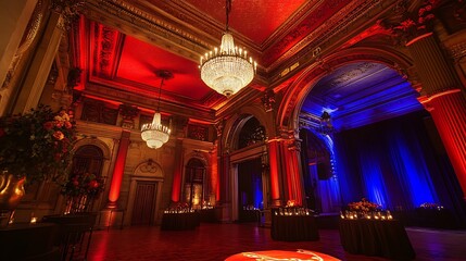 Obraz premium Luxurious Event Space with Ornate Ceiling Moldings, Elegant Chandeliers, and Warm Lighting Enhanced by Red and Blue Uplighting