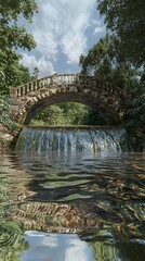 Obraz premium Stone Bridge Over a Waterfall in a Forest