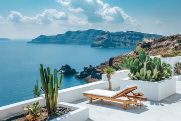 Stunning Santorini View: Empty Sunbed with White Walls, Wooden Accents, and Cacti Overlooking Greek Blue Sea and Black Rock Islands; High Resolution Close-Up