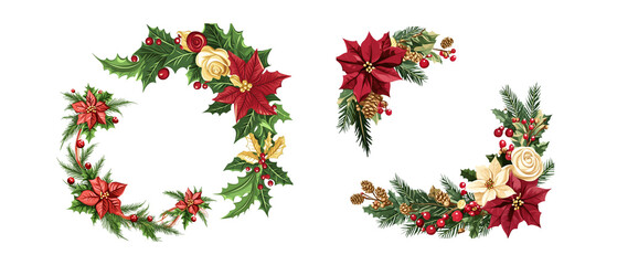 Christmas floral corner decoration with poinsettia, holly, and pine, isolated on a white background.