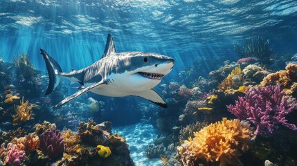 Fototapeta premium A shark is swimming in the ocean with its mouth open