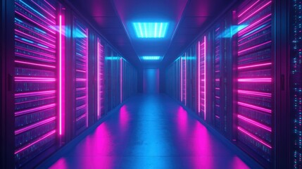 Fototapeta premium A neon pink and blue computer server room with a blue light in the middle