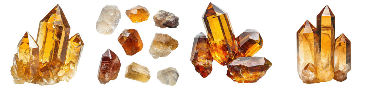 Assorted topaz crystals in various shapes and sizes, featuring clear to golden-yellow hues with natural facets and textures, cut out transparent isolated PNG