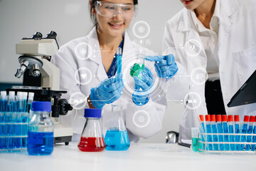 Modern medical research laboratory. female scientist hands working with micro pipettes analyzing...