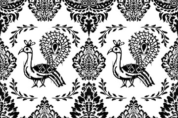 Motif ethnic handmade peacock beautiful Ikat art. Ethnic Africa  fabric seamless pattern on background art. folk embroidery, Peruvian, Indian, Asia, Moroccan, Turkey, and Uzbek style. Aztec geometric.