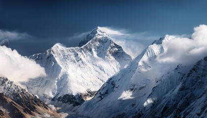 Fototapeta premium Snow covered Mountain in the Himalayas with Clouds. panorama of the mountains.