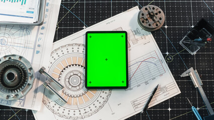 Top Down View of a Tablet Computer with Mock-Up Green Screen Display. Digital Device Lying Vertically on a Table in an Engineering Agency. Template for Online Learning and Tutorials, Social Media,