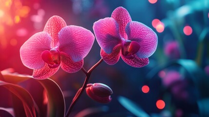 Two pink orchids are shown in a lush green background