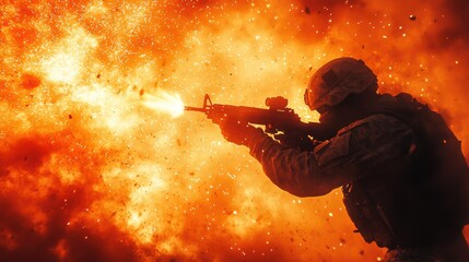 Fototapeta premium Intense Military Action Scene with Soldier Firing Rifle Amidst Explosive Fireball in Battlefield
