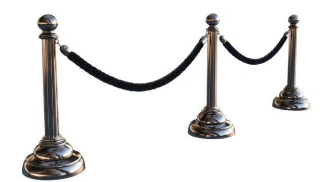 metallic stanchions with black velvet ropes, arranged in a barrier formation, cut out transparent isolated PNG