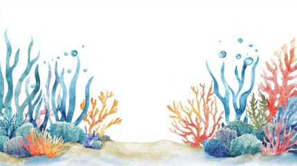 Watercolor vector illustration of a sea bottom. Features sand, algae, and corals with space for text. Isolated on a white background, suitable for designing bathroom items, beach accessories, cosmetic