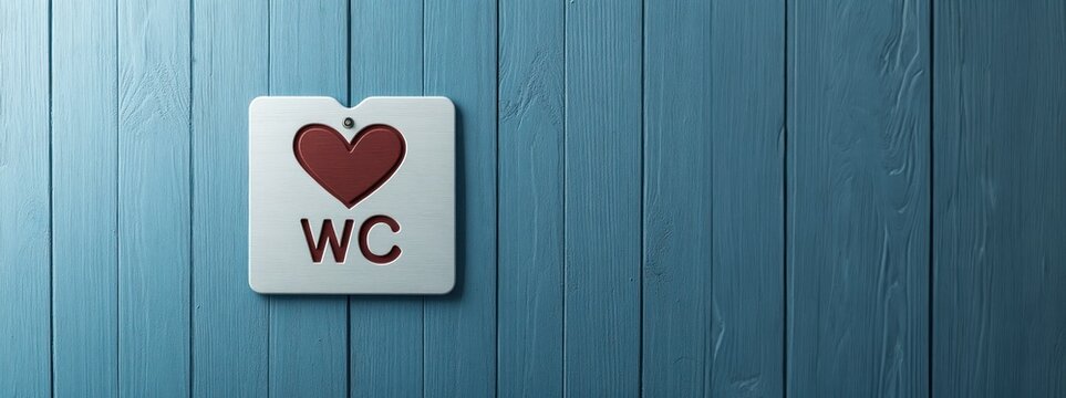 White WC sign text with red heart near it on blue wall. Symbol of colon illnesses like colon cancer, Irritable Bowel Syndrome, IBS, nutrition, dairy or gluten allergies. Microbiome, transit.