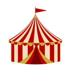 Circus tent isolated. A classic circus tent with red and white stripes, topped with a small red flag. Design of a traditional circus environment.