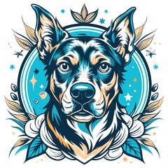 Obraz premium Artistic Dog Portrait with Leaves and Stars in a Teal and Orange Color Palette, Suitable as a T-shirt print