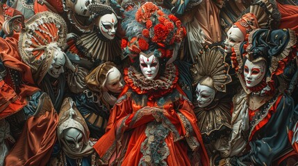 Fototapeta premium In a high-definition carnival scene, a woman in a striking red costume stands out among masked figures, with vivid lighting enhancing the decorative, festive atmosphere.